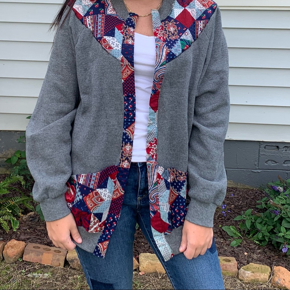 Handmade cardigan with multicolored quilt pattern